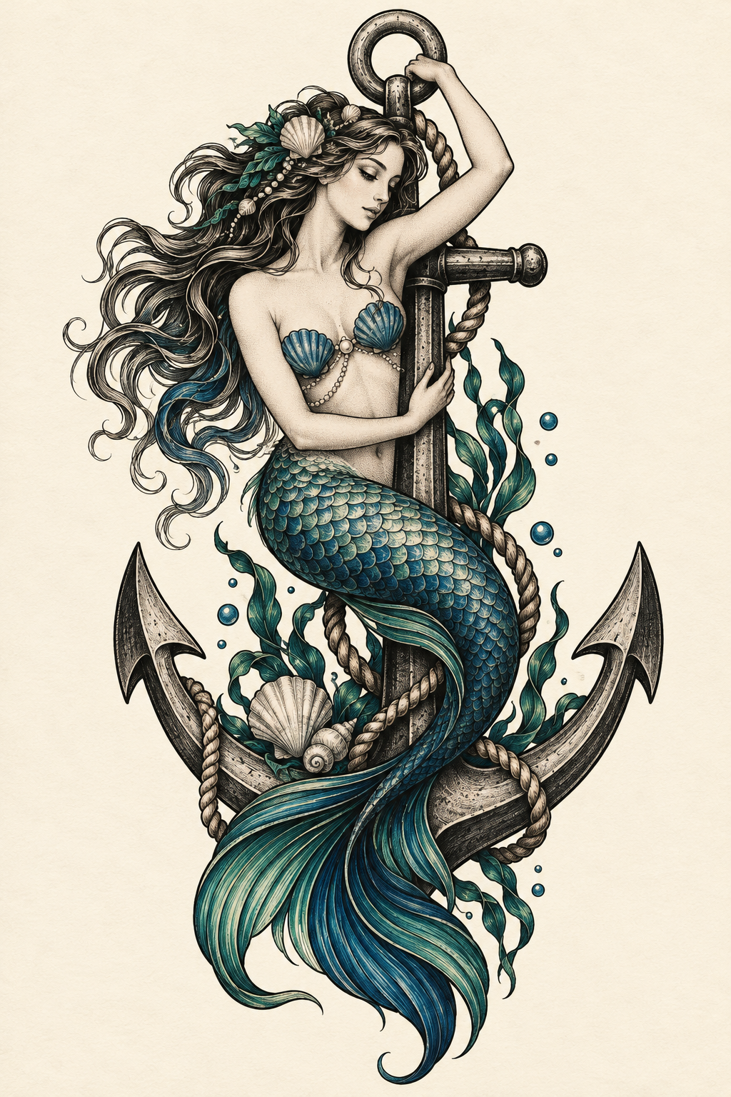 mermaid tattoo ideas for women: mermaid and anchor