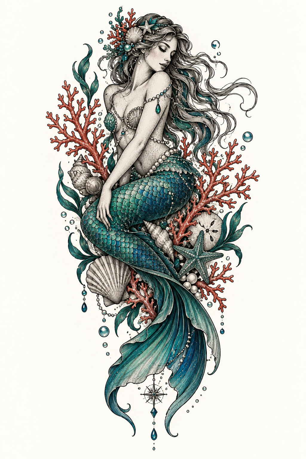 mermaid tattoo ideas for women: mermaid with coral