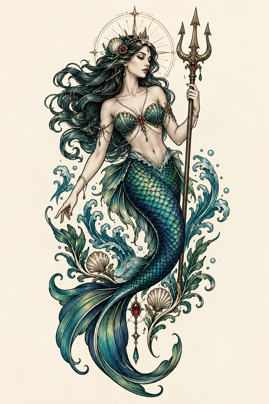 mermaid tattoo ideas for women: mermaid with trident