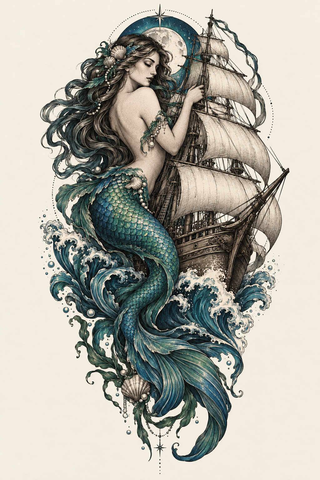 mermaid tattoo ideas for women: mermaid and ship