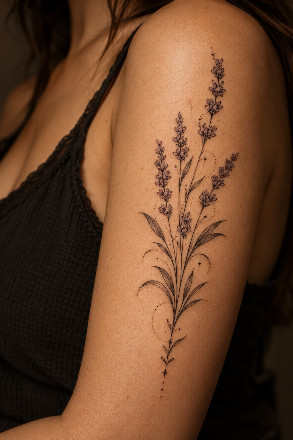 small dainty tattoo ideas: Fine-line lavender