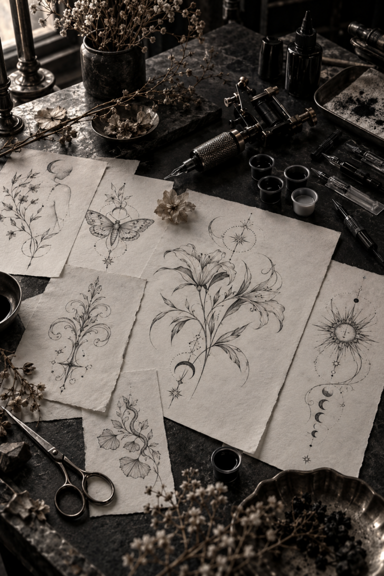 Editorial black-and-gray tattoo studio still life with delicate fine-line motifs, vertical 2:3 composition, no text.