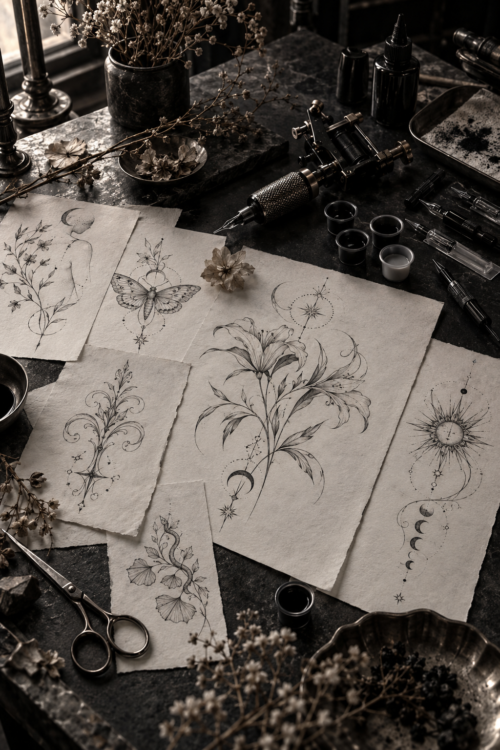 Editorial black-and-gray tattoo studio still life with delicate fine-line motifs, vertical 2:3 composition, no text.