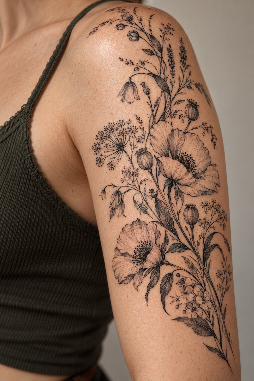 Fine-Line Wildflower black and gray flower tattoo idea