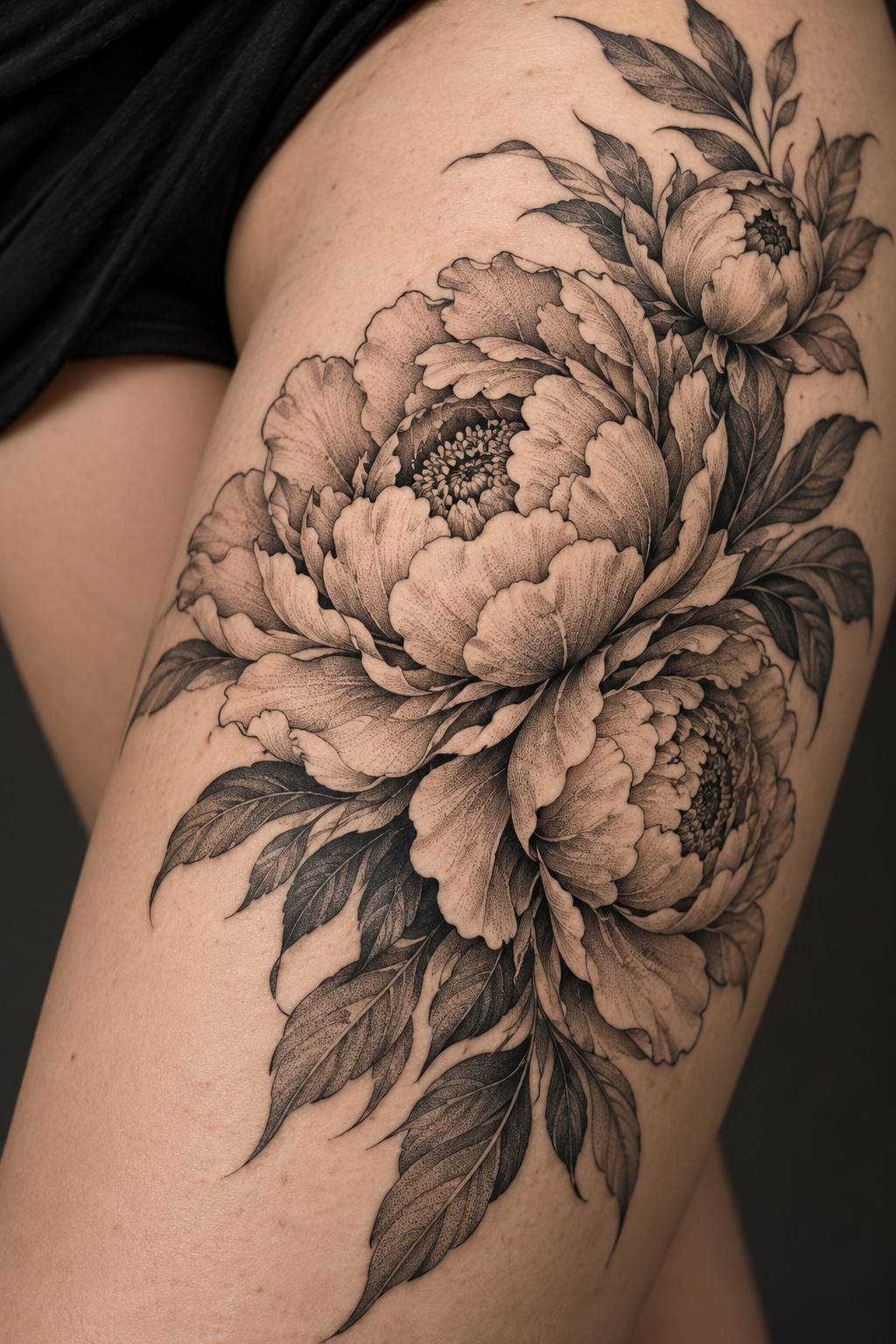 Layered Peony black and gray flower tattoo idea