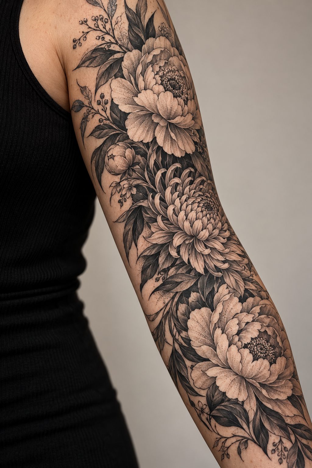 Botanical Sleeve Cluster black and gray flower tattoo idea