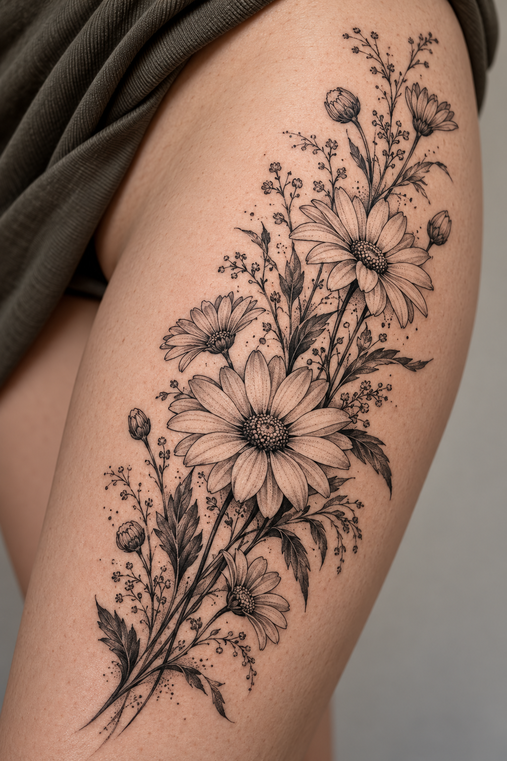 Daisy Sprig black and gray flower tattoo idea