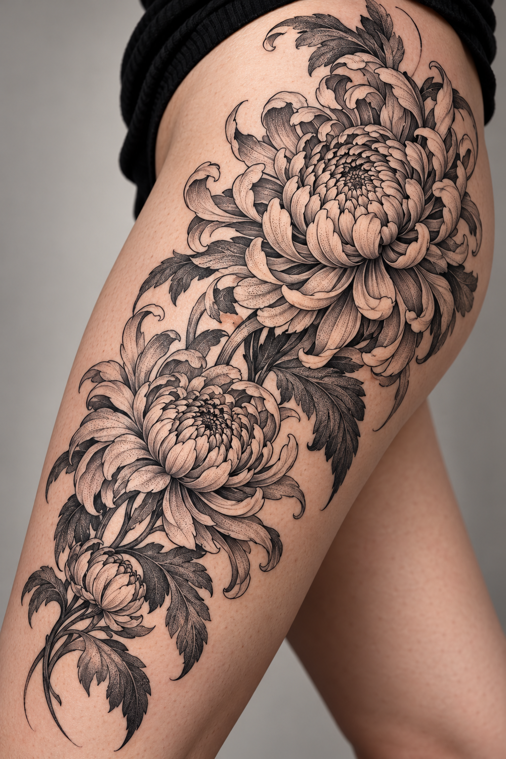 Chrysanthemum Study black and gray flower tattoo idea