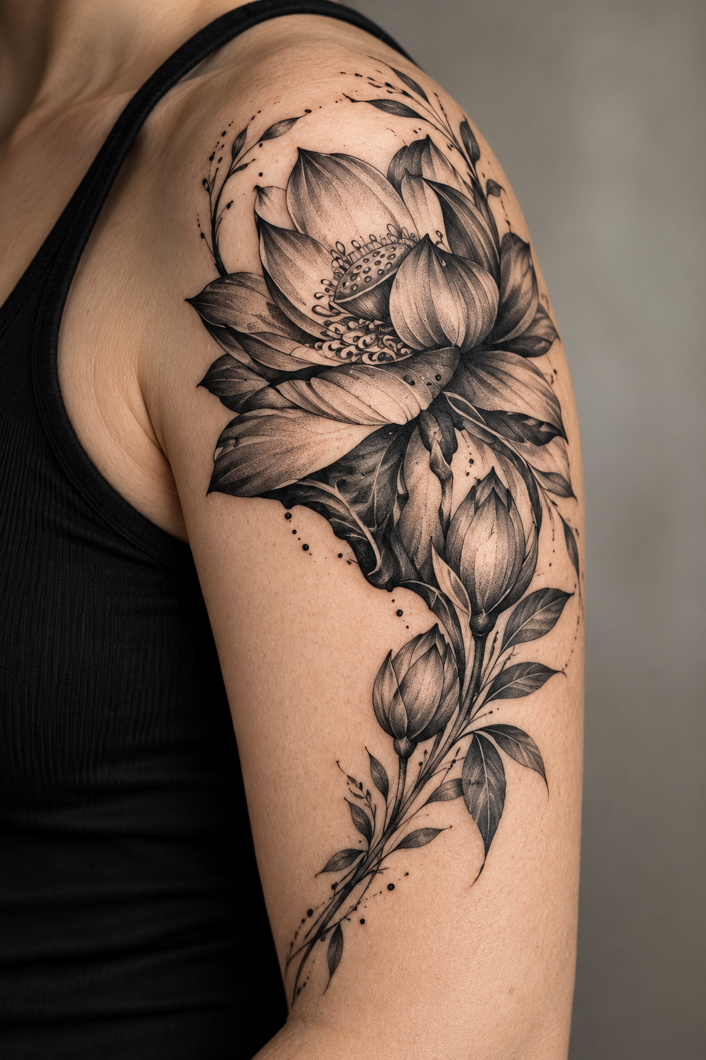 Lotus Blossom black and gray flower tattoo idea