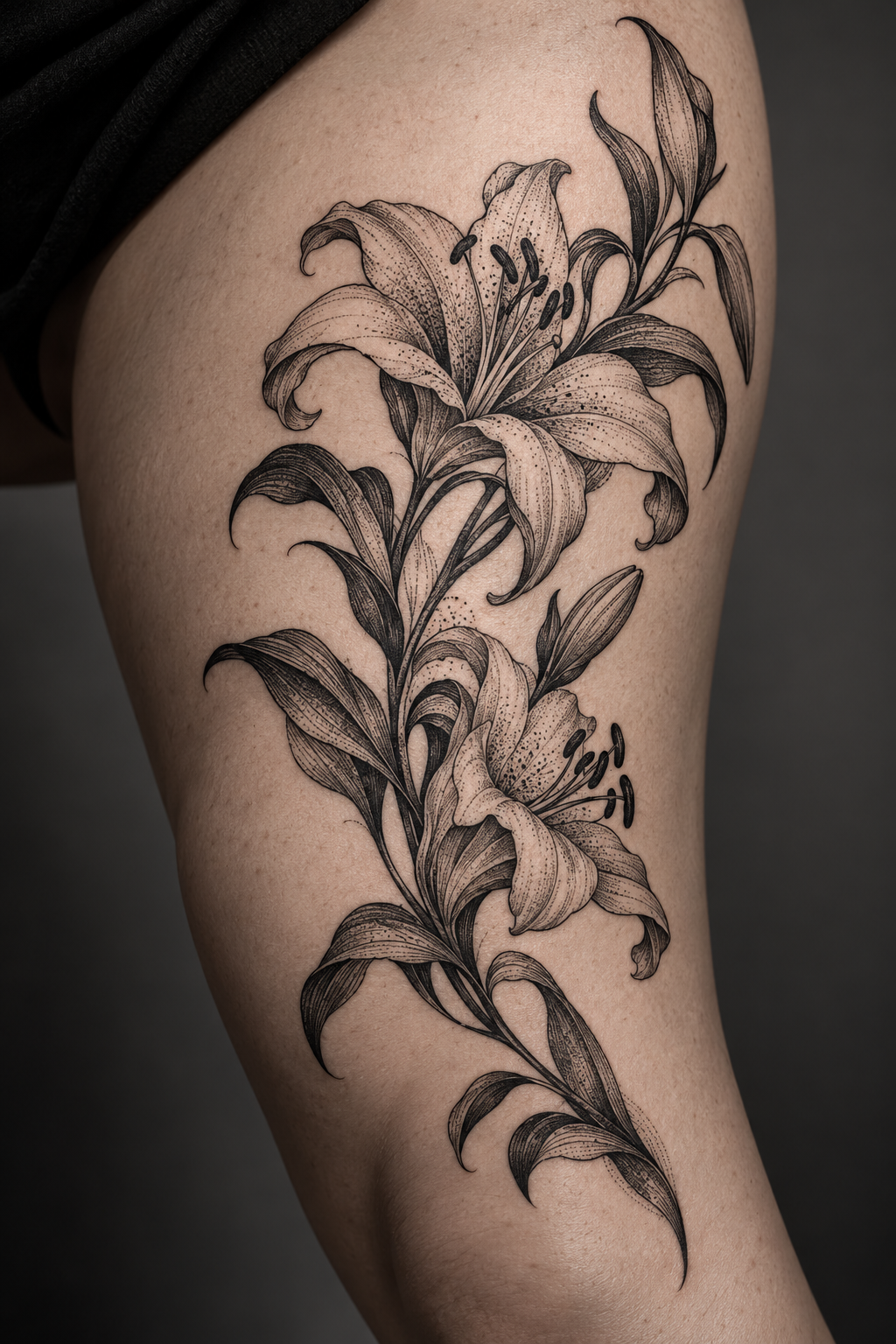 Lily Stem black and gray flower tattoo idea