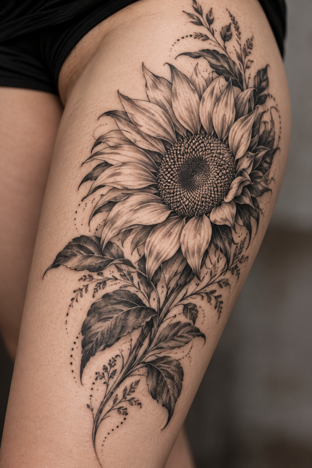 Sunflower Head black and gray flower tattoo idea