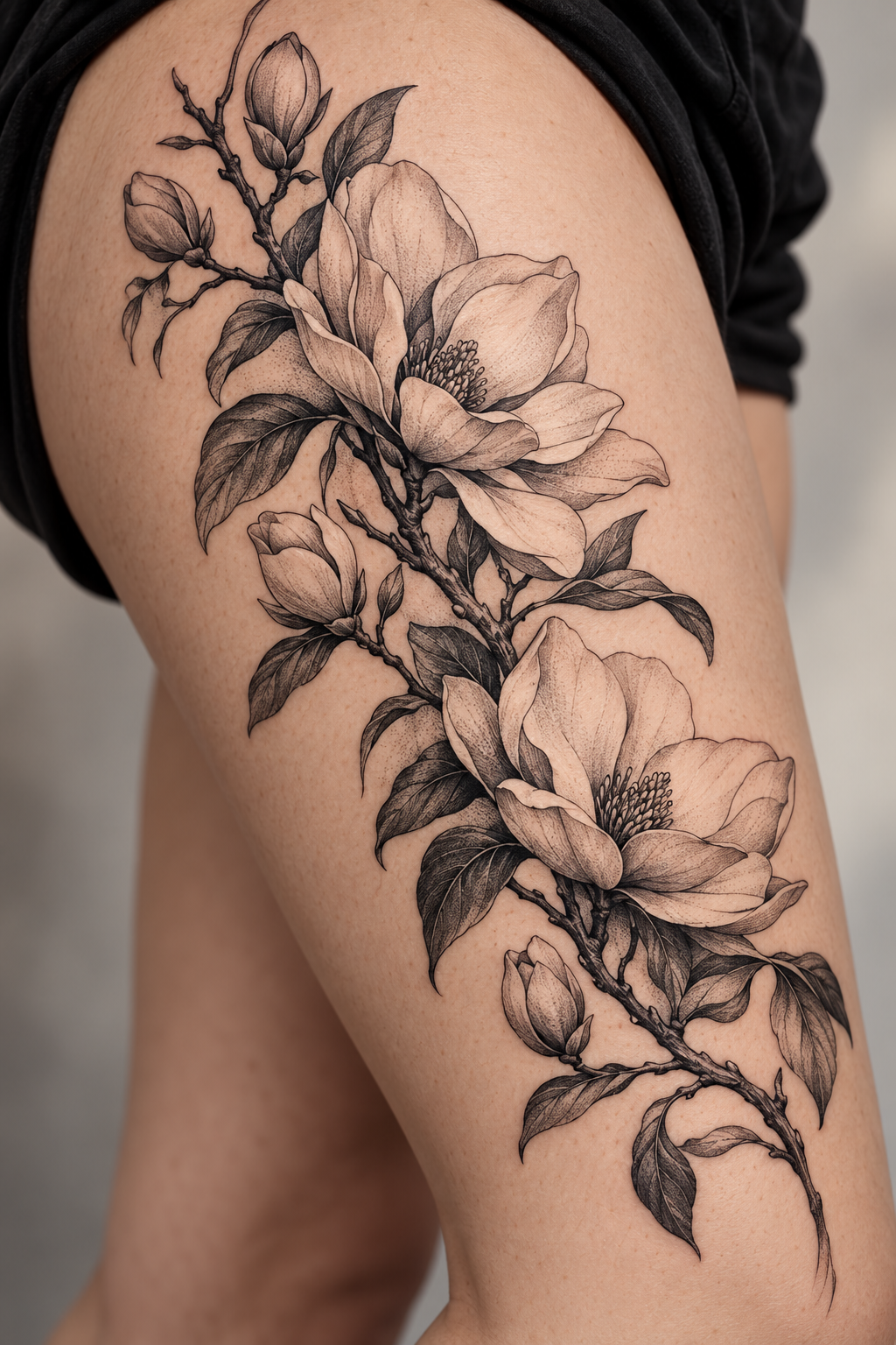 Magnolia Branch black and gray flower tattoo idea