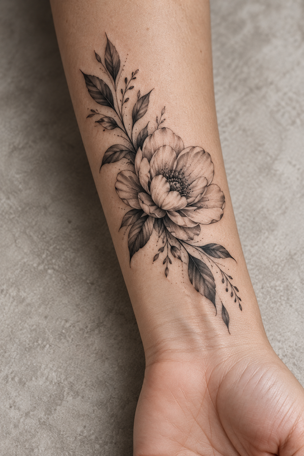 Small Wrist Bloom black and gray flower tattoo idea