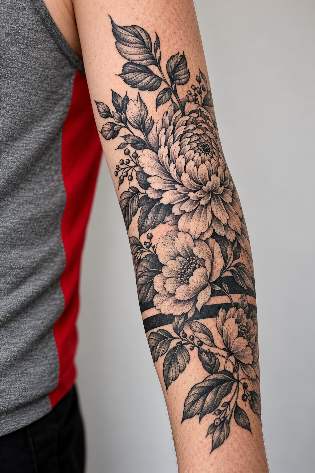 Floral Forearm Band black and gray flower tattoo idea