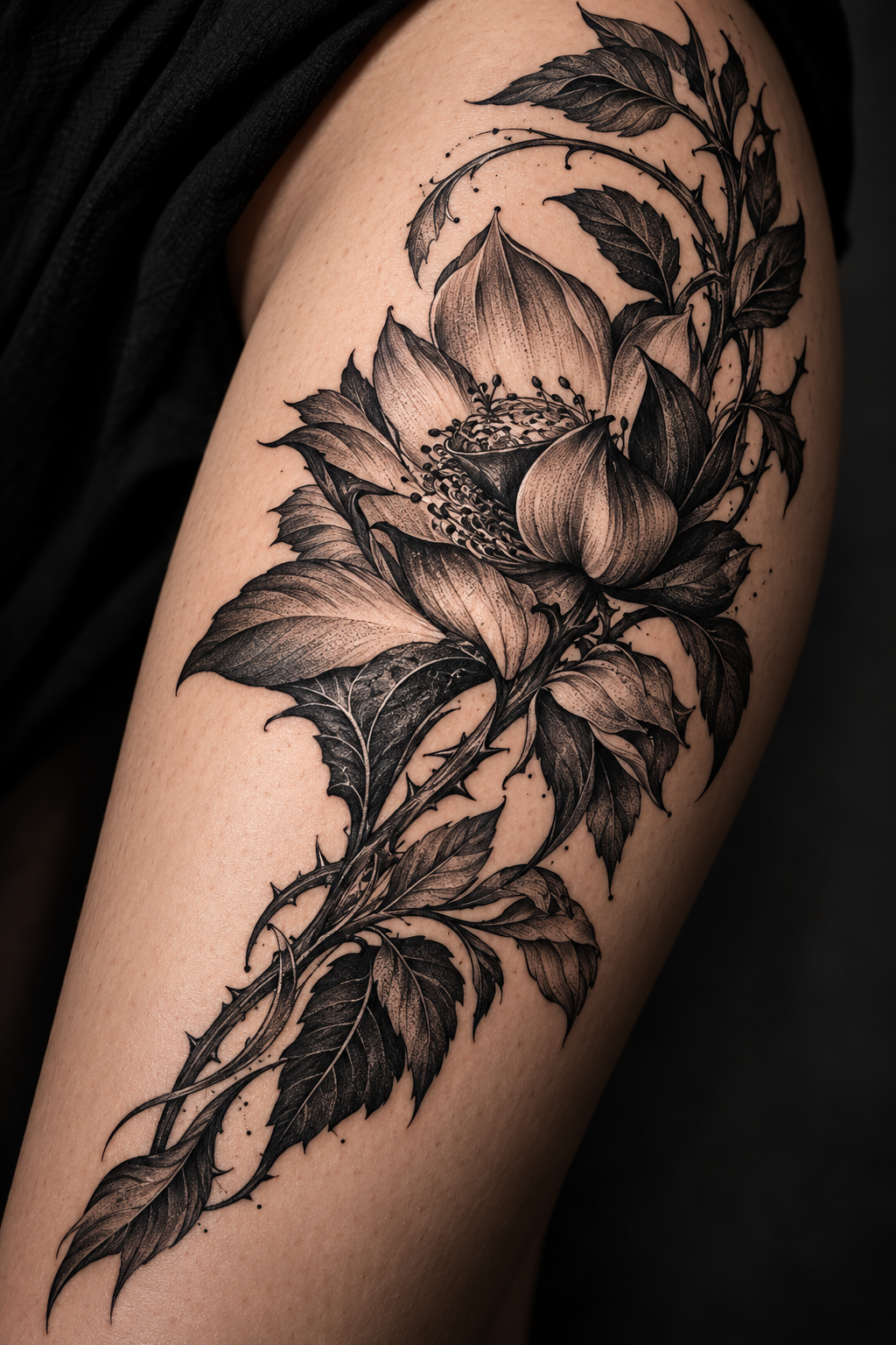 Dark Botanical Leaves black and gray flower tattoo idea