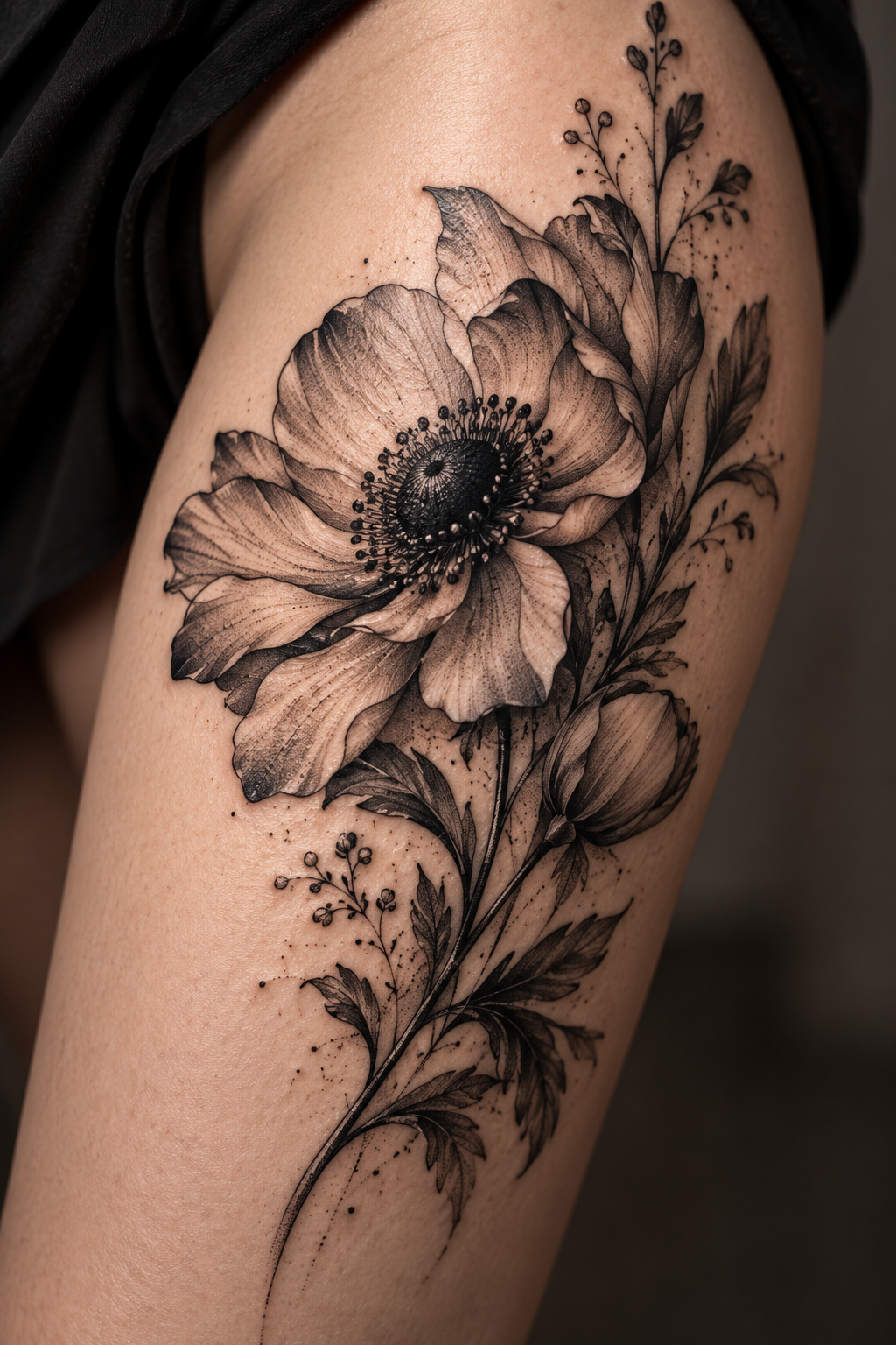 Anemone Detail black and gray flower tattoo idea