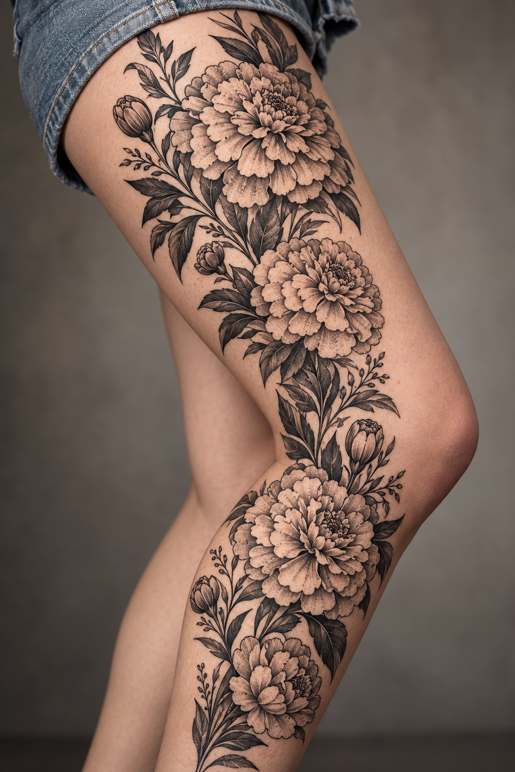 Marigold Accent black and gray flower tattoo idea