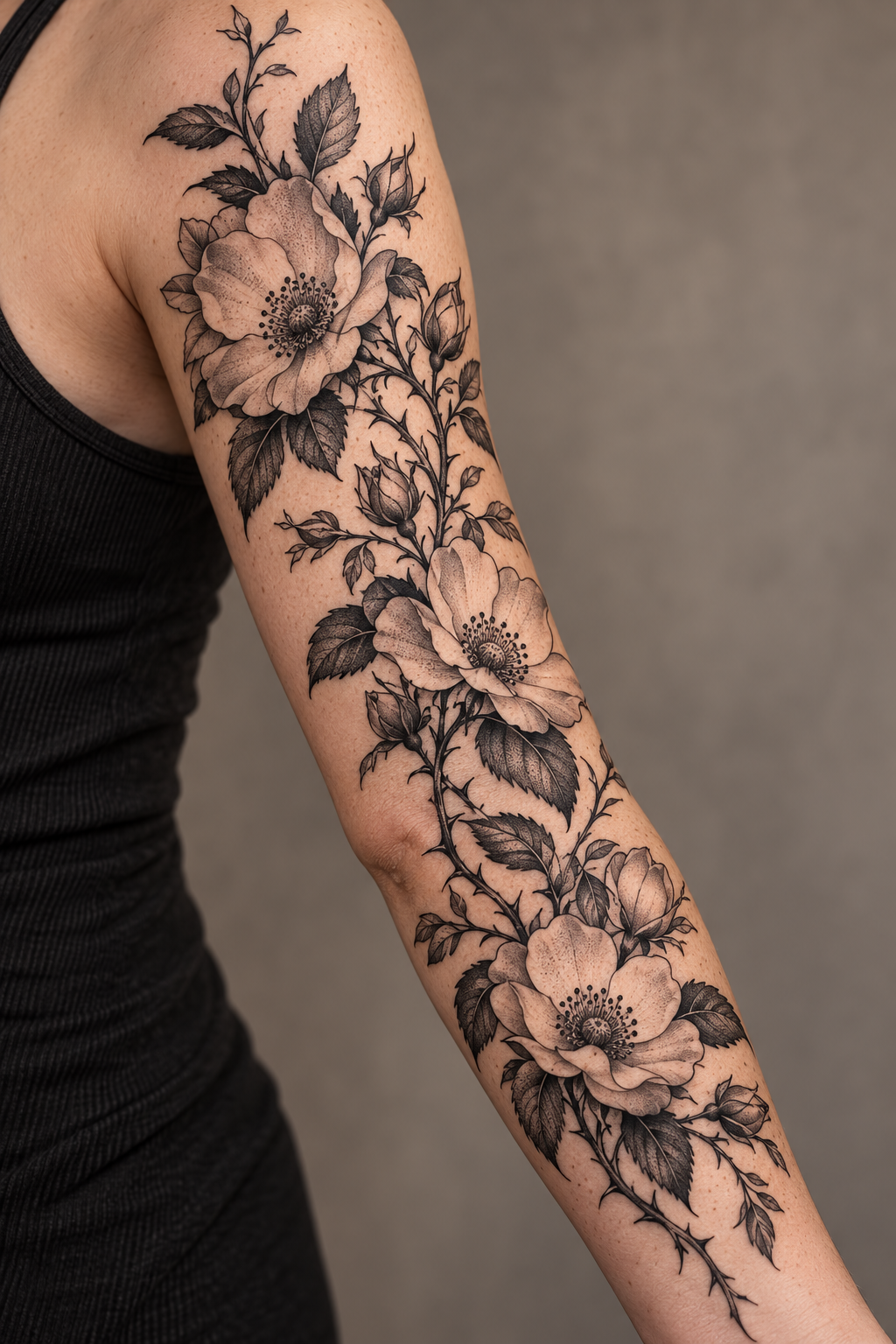 Wild Rose Cluster black and gray flower tattoo idea