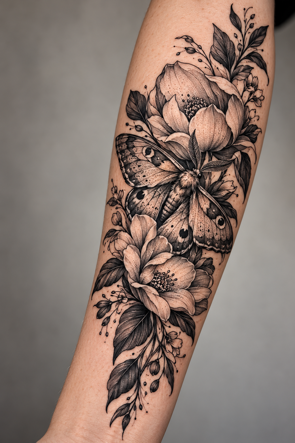 Flower and Moth black and gray flower tattoo idea