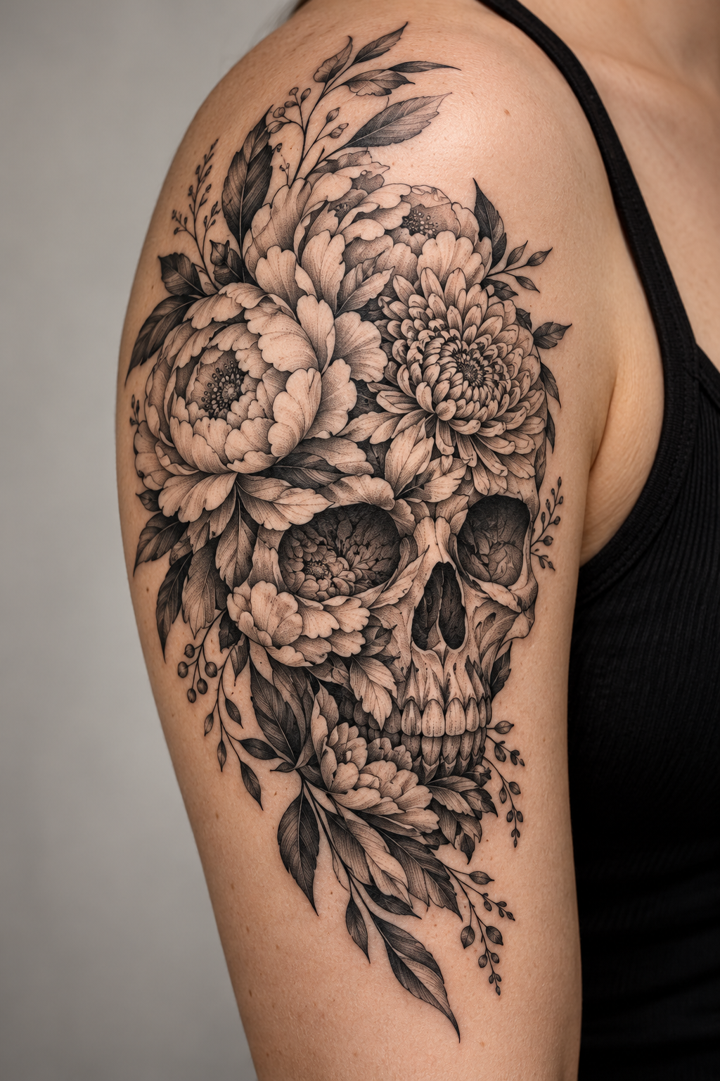 Floral Skull Motif black and gray flower tattoo idea
