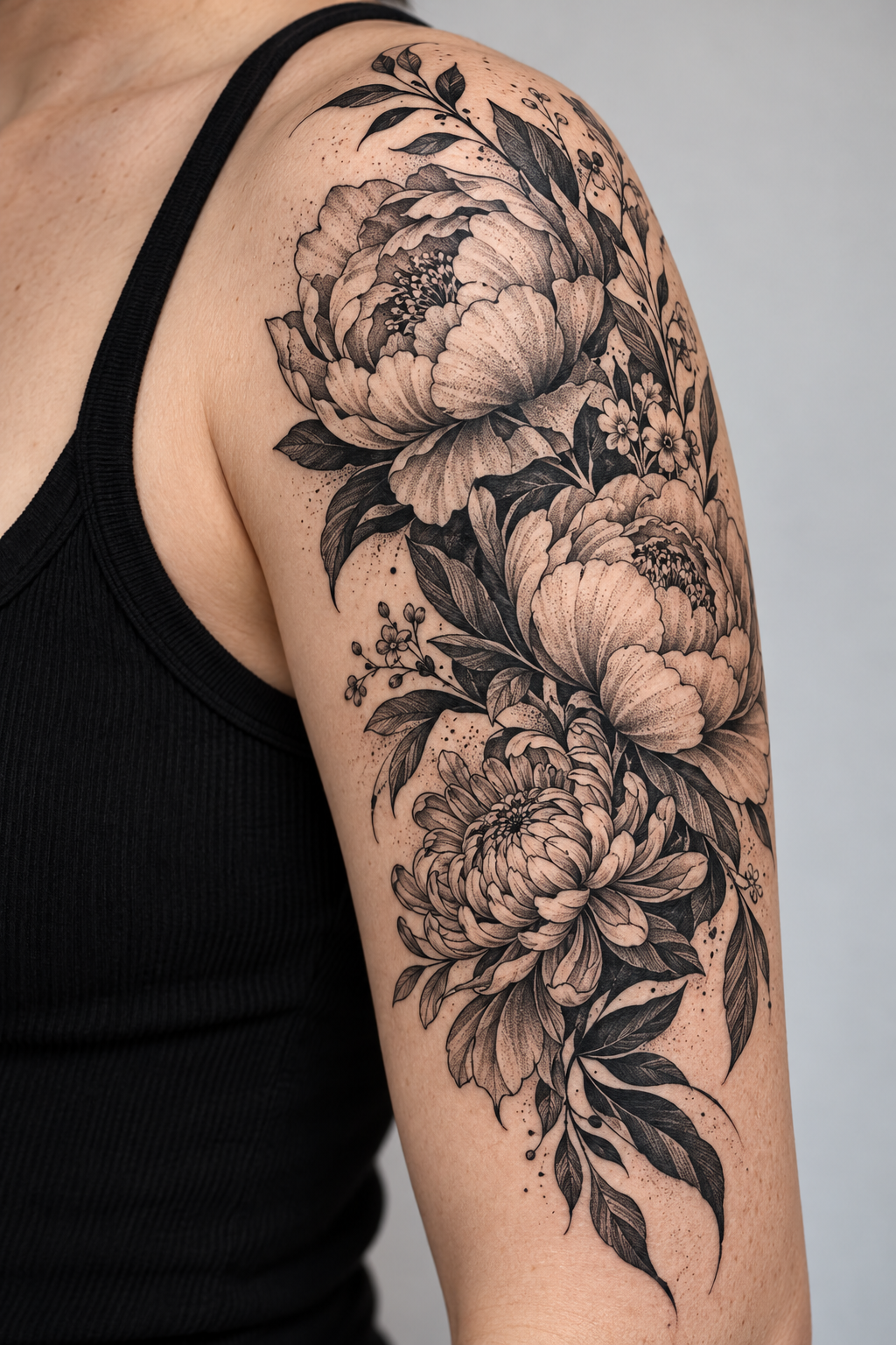 Blackwork Bouquet black and gray flower tattoo idea