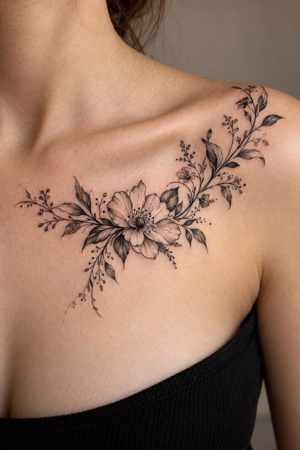 Tiny Collarbone Bloom black and gray flower tattoo idea