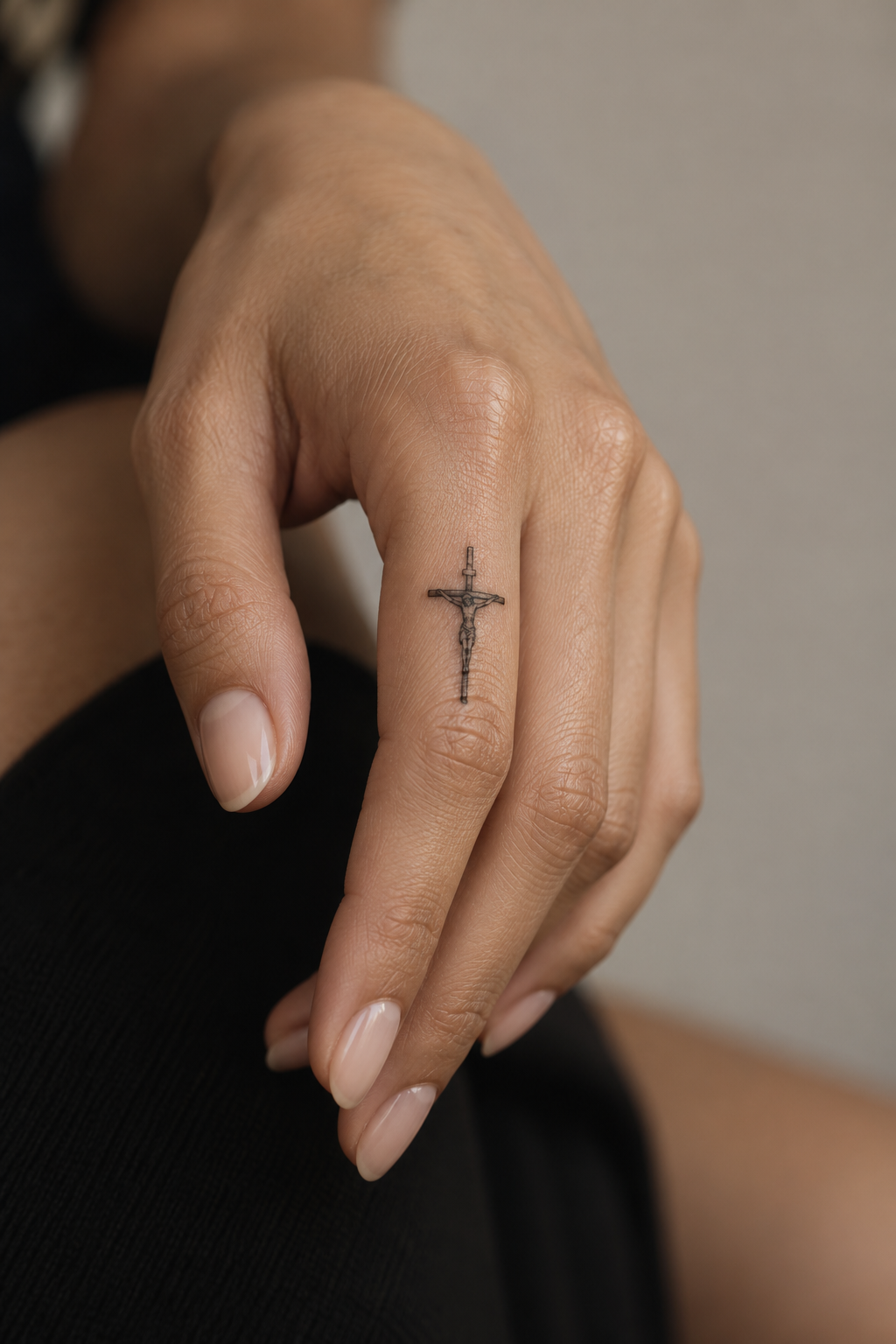 a small crucifix on the finger small biblical tattoos cross idea