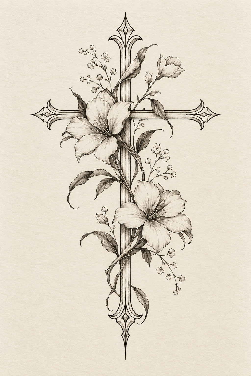 cross with flowers on the thigh small biblical tattoos cross idea
