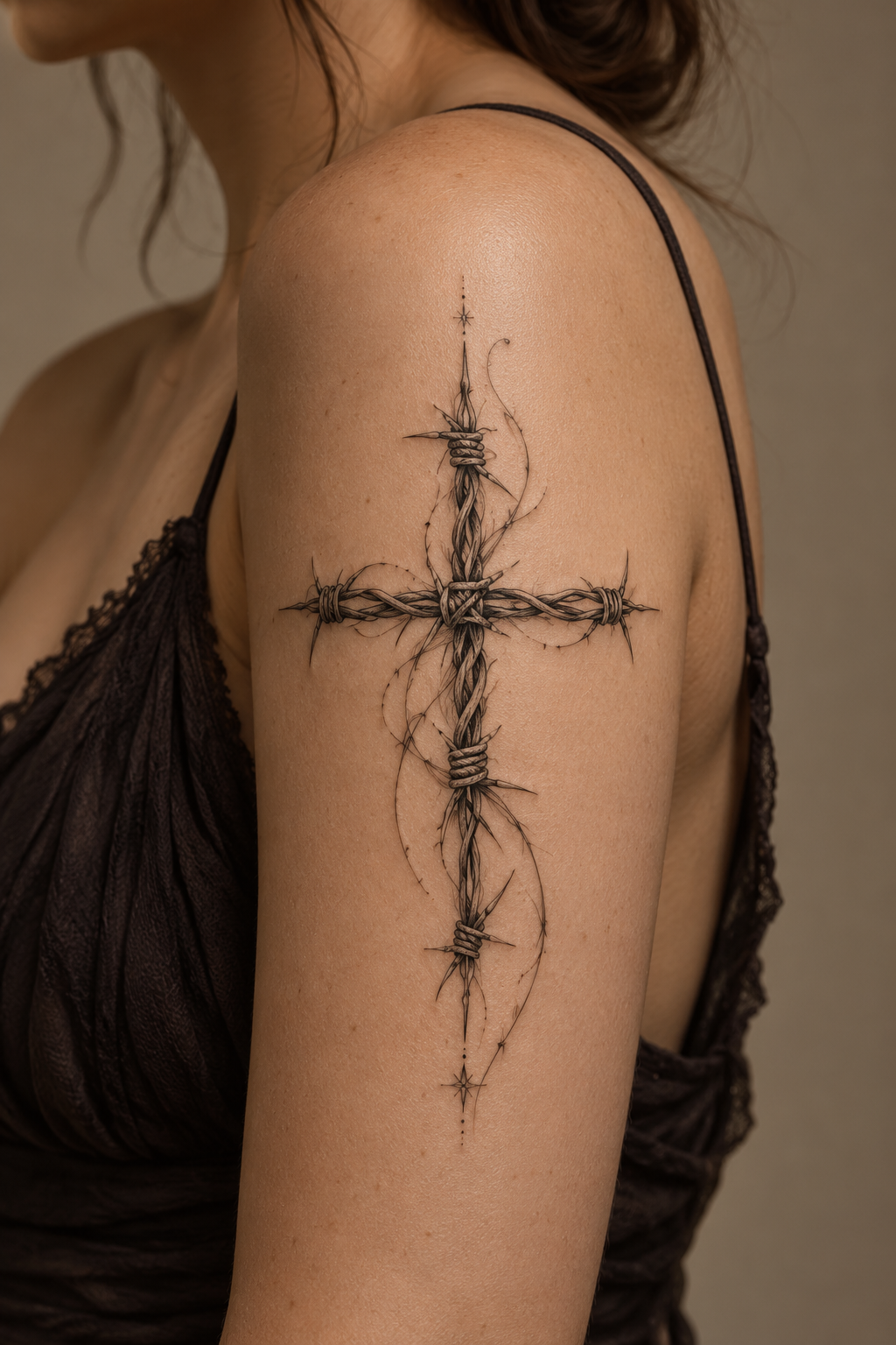 barbed wire cross on the upper arm small biblical tattoos cross idea