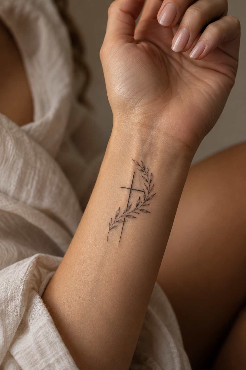cross with laurel on the inner wrist small biblical tattoos cross idea