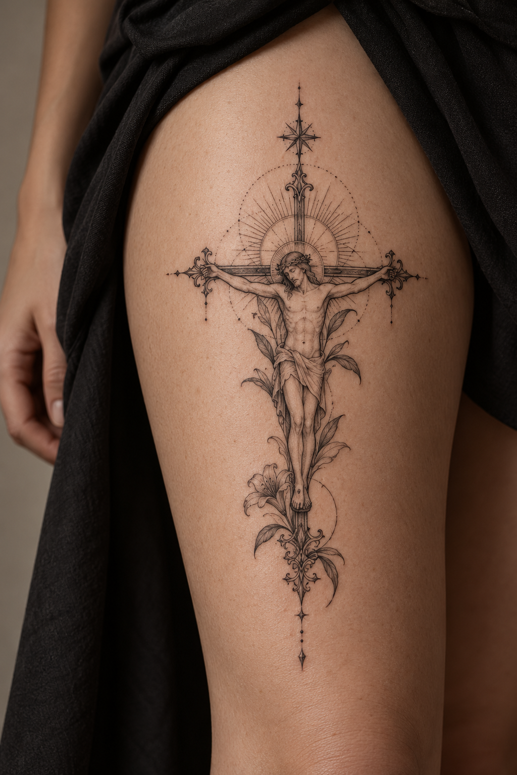 a crucifix tattoo on the thigh small biblical tattoos cross idea