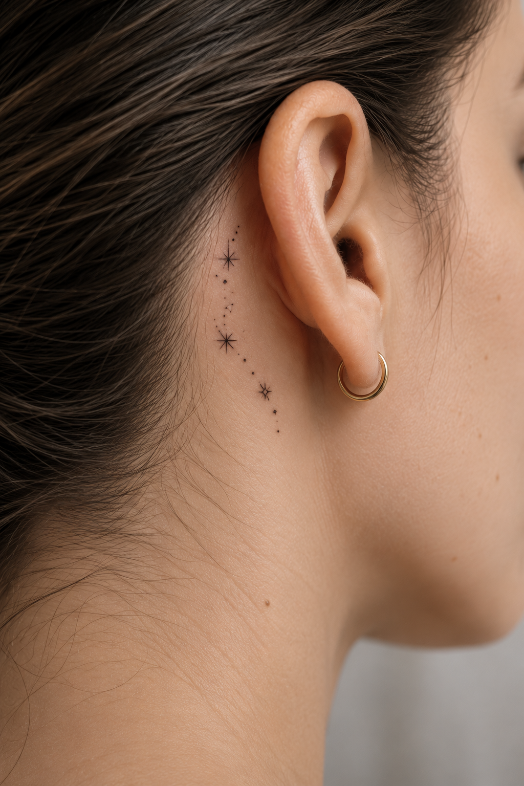 behind the ear tattoo ideas for women: tiny stars with a light footprint
