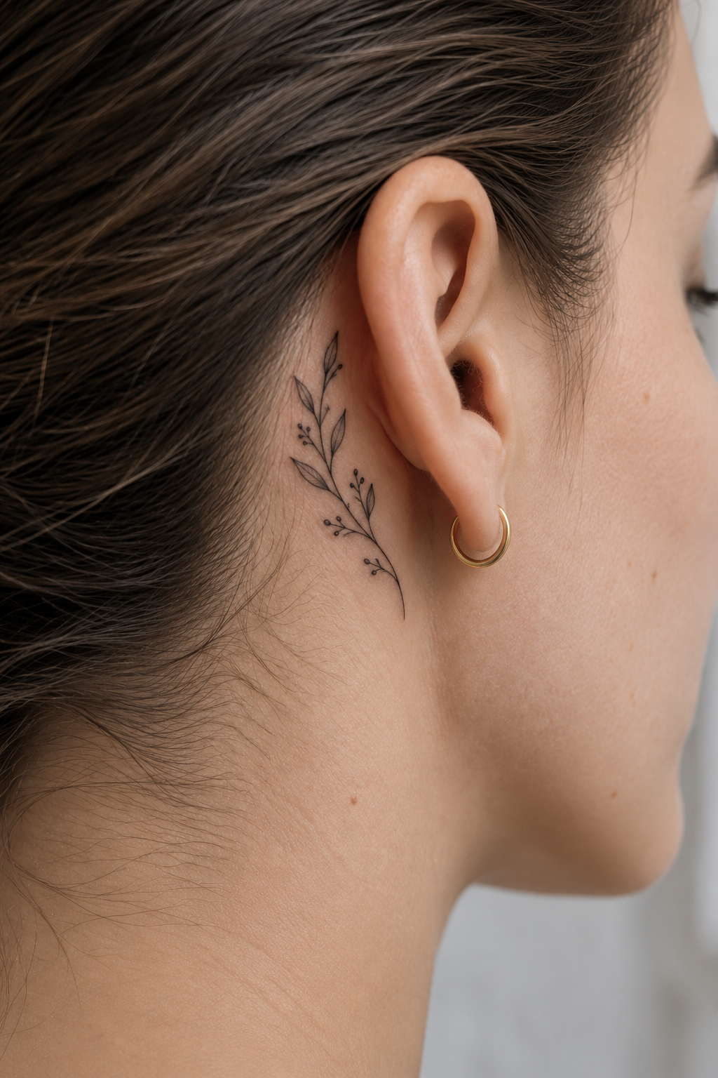 behind the ear tattoo ideas for women: fine-line botanical sprig
