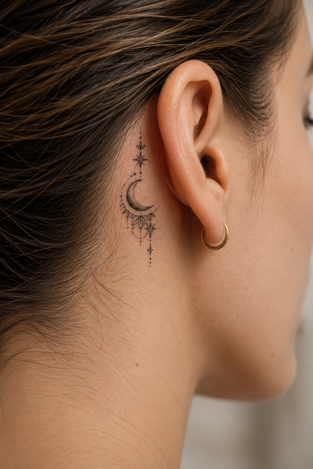 behind the ear tattoo ideas for women: crescent moon mandala