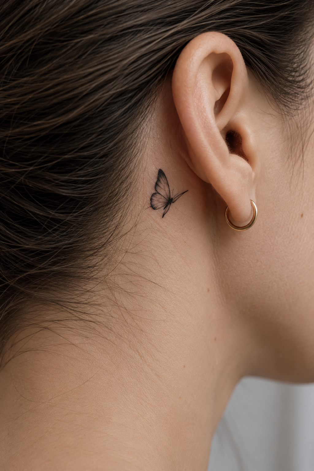 behind the ear tattoo ideas for women: small butterfly silhouette