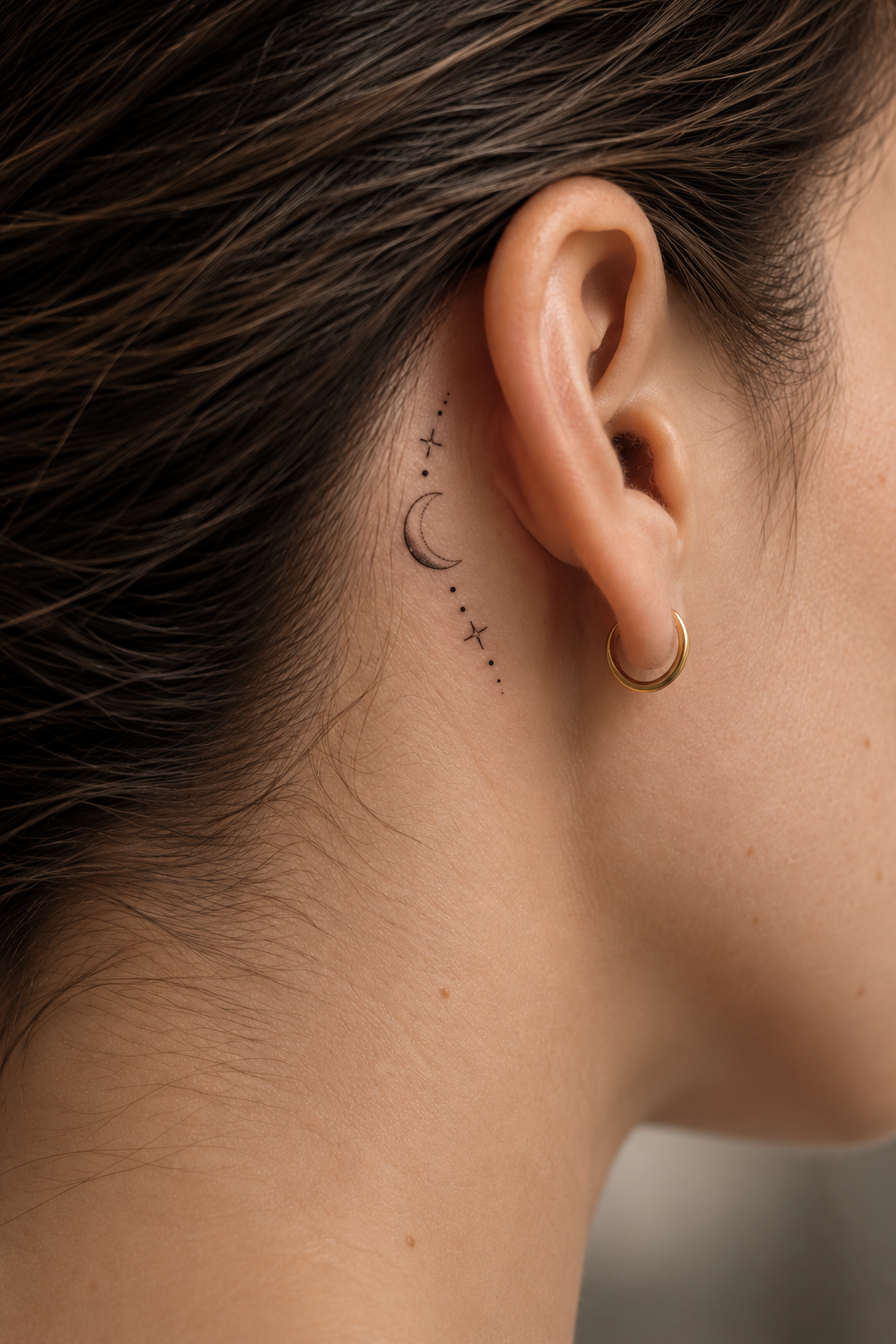 behind the ear tattoo ideas for women: moon and stars pairing