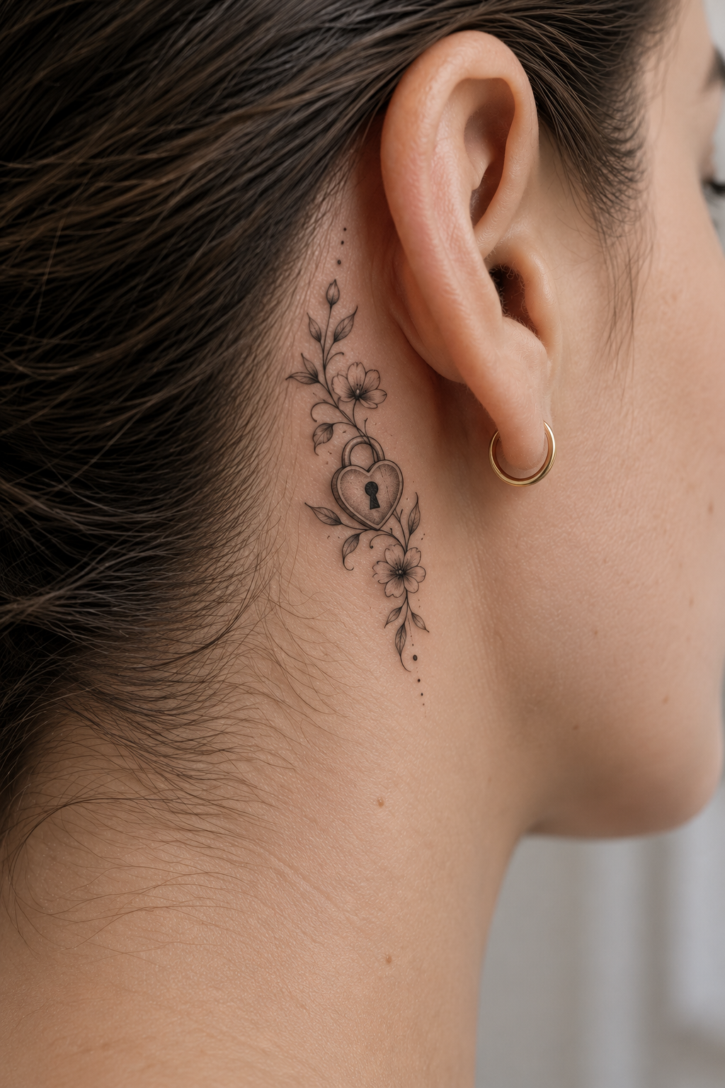 behind the ear tattoo ideas for women: floral lock motif