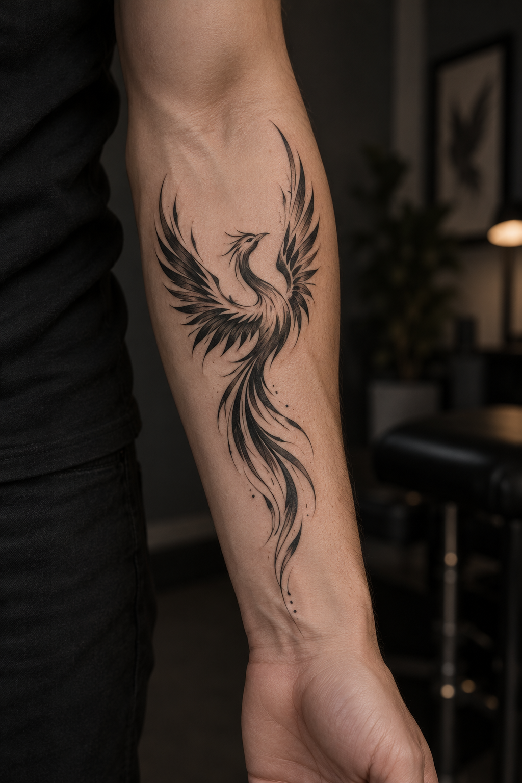 minimalist black phoenix forearm phoenix tattoo idea