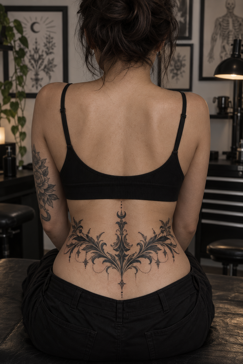 classic blackwork lower back phoenix tattoo idea