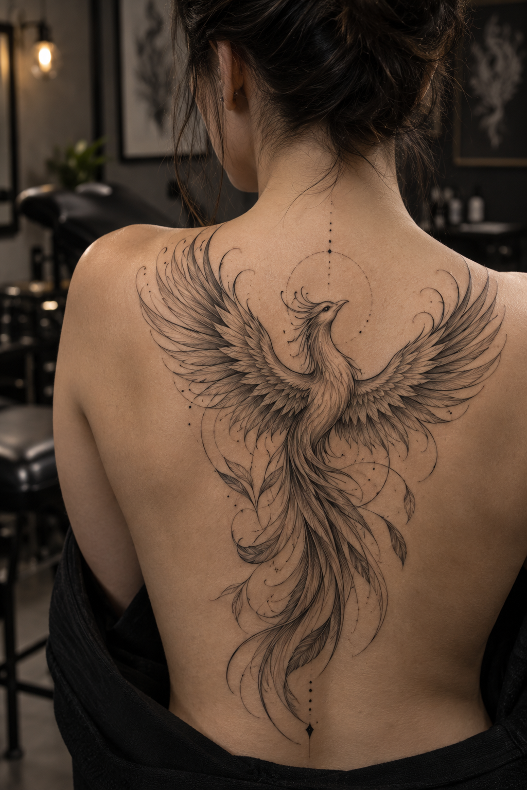 fine-line rising phoenix phoenix tattoo idea
