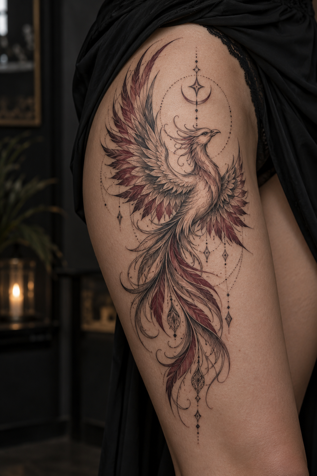 ornamental phoenix thigh phoenix tattoo idea