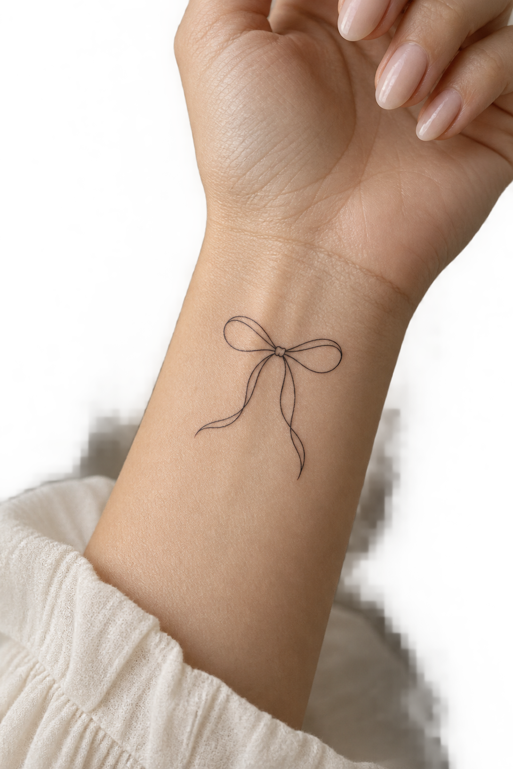 minimalist bow tattoos at the inner wrist