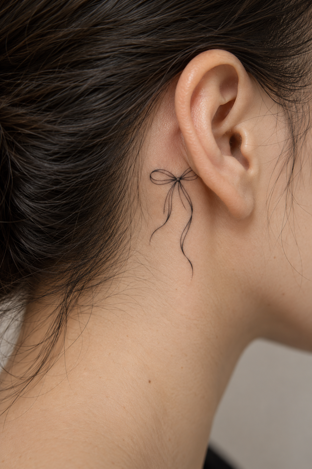 minimalist bow tattoos at the behind the ear