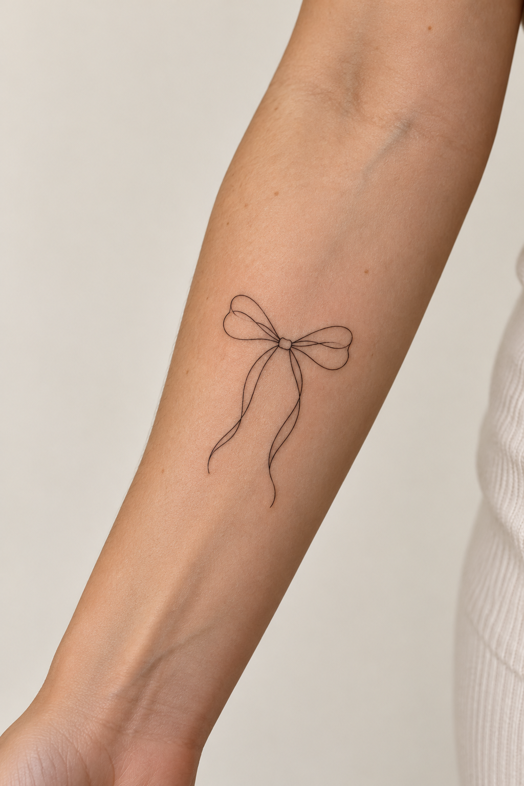minimalist bow tattoos at the inner forearm