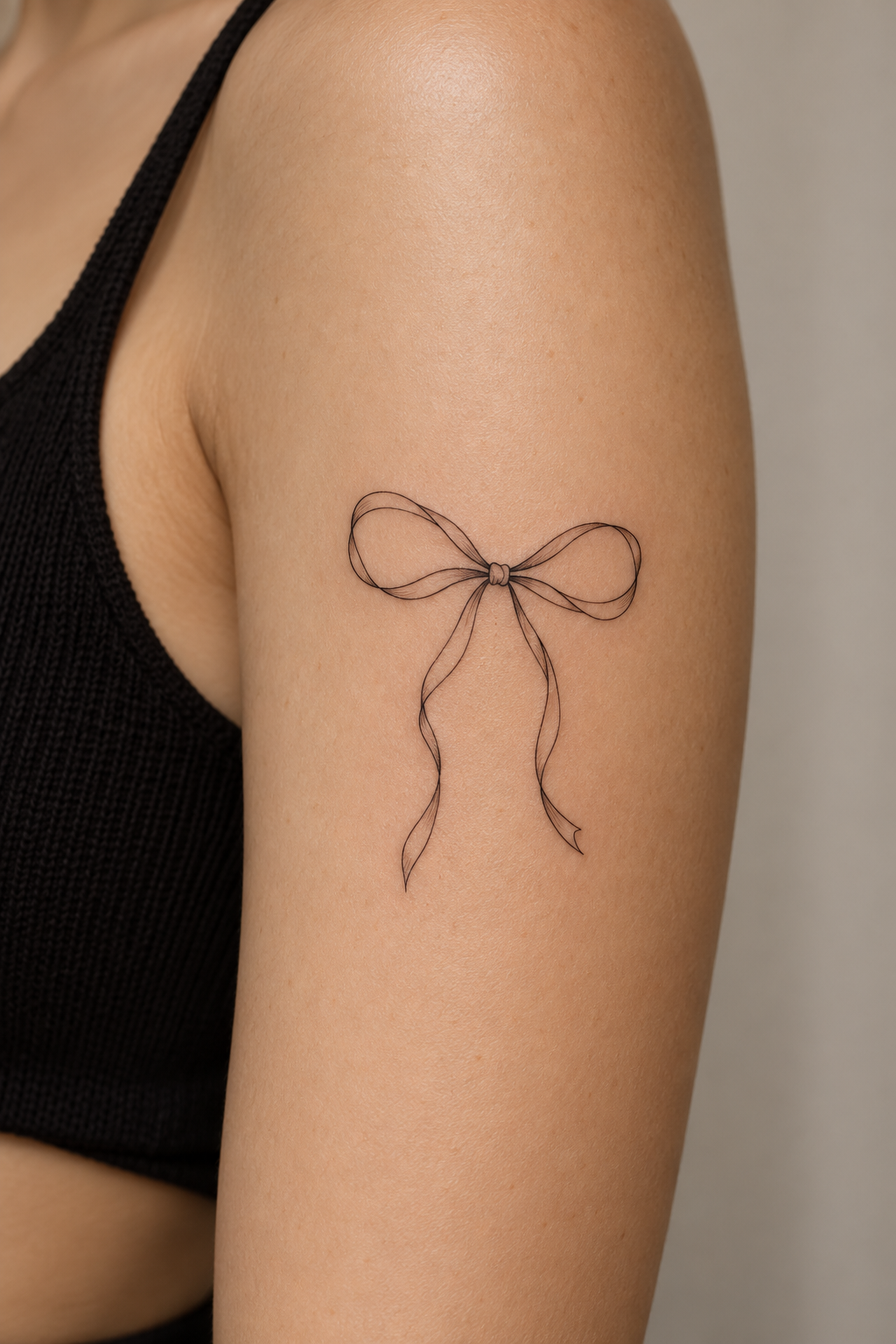 minimalist bow tattoos at the upper arm