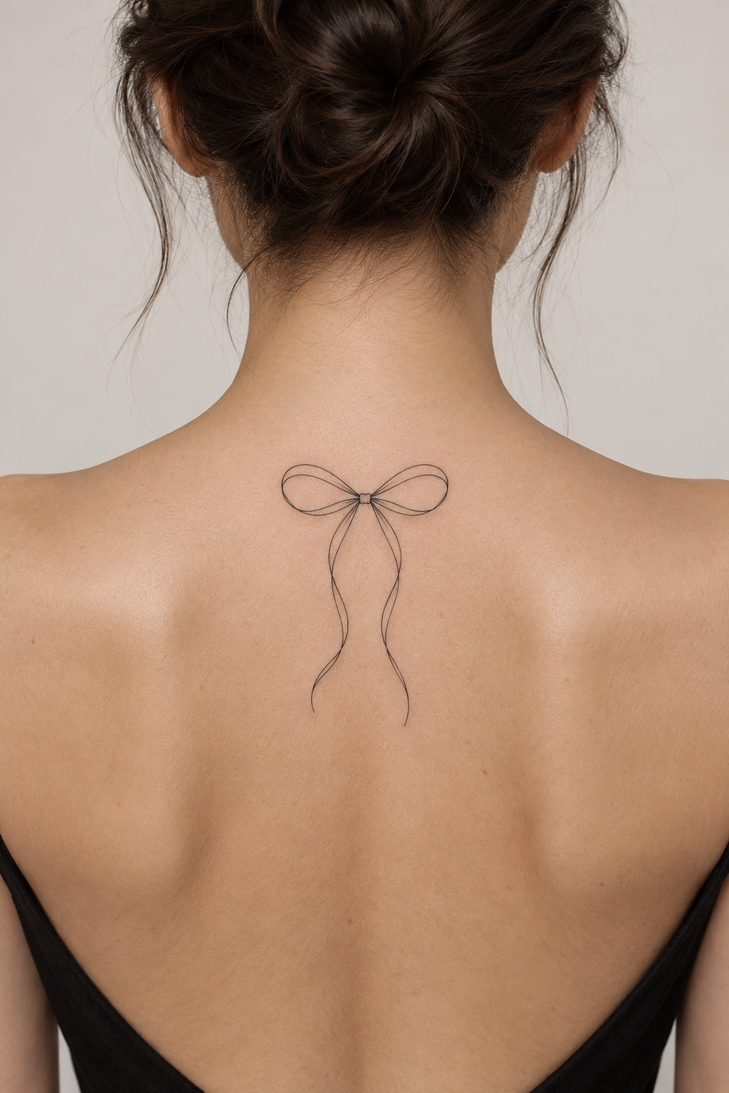 minimalist bow tattoos at the upper back