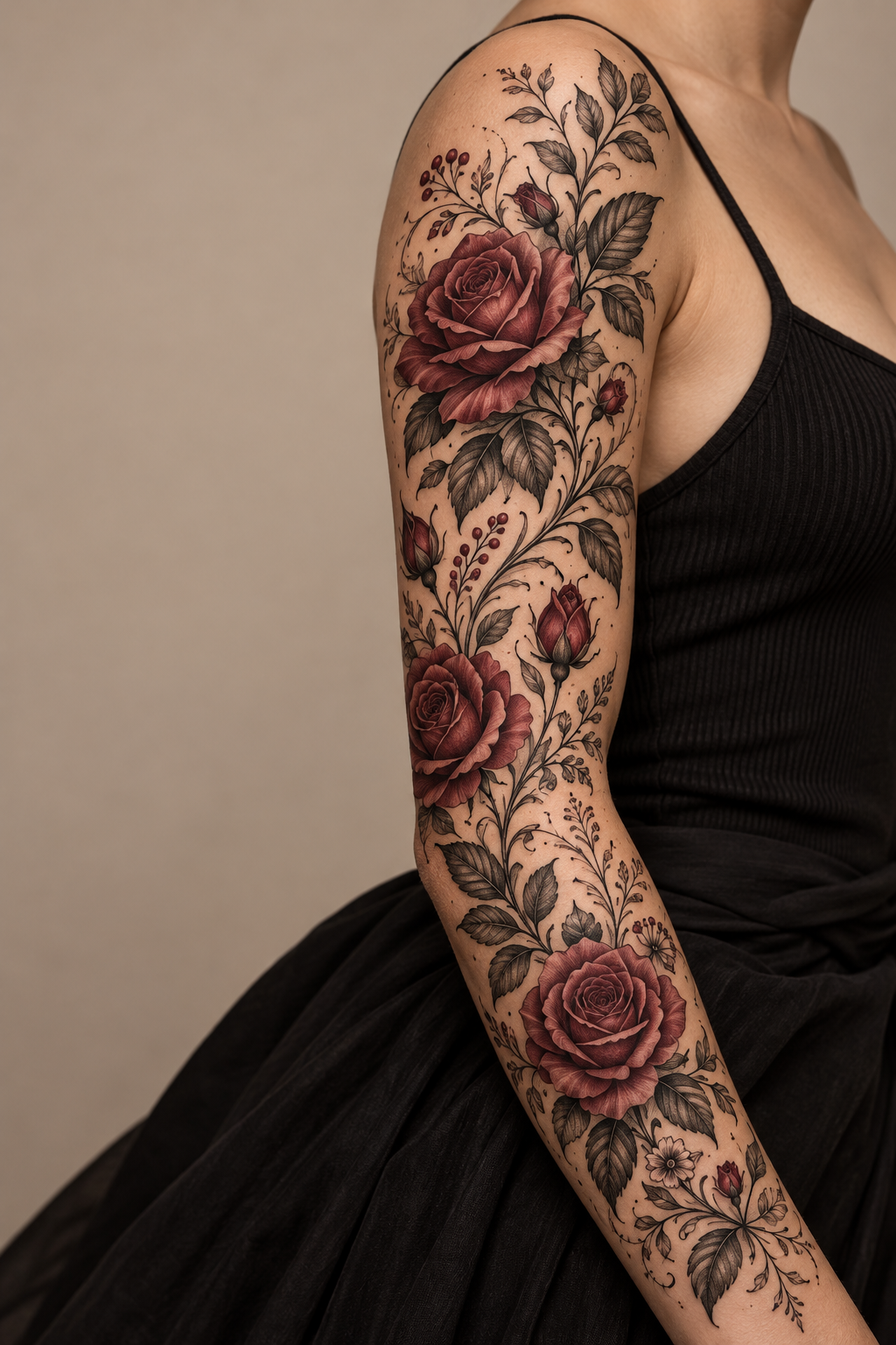Rose Sleeve single-line tattoos for women idea