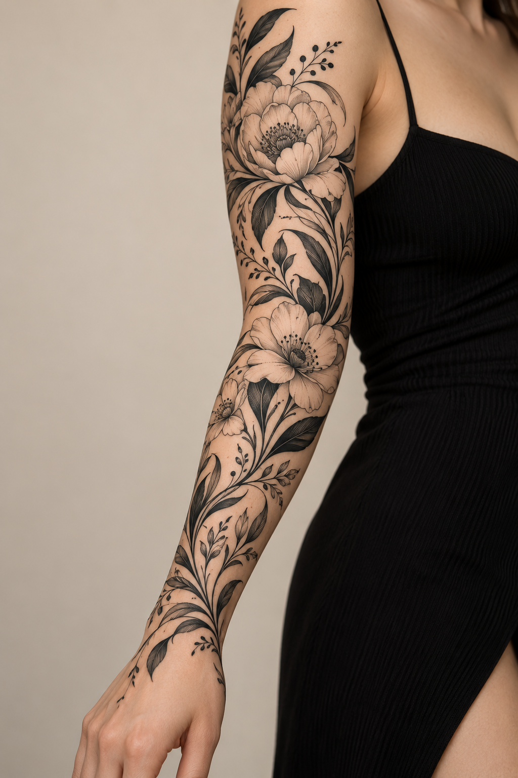 Floral Blackwork single-line tattoos for women idea