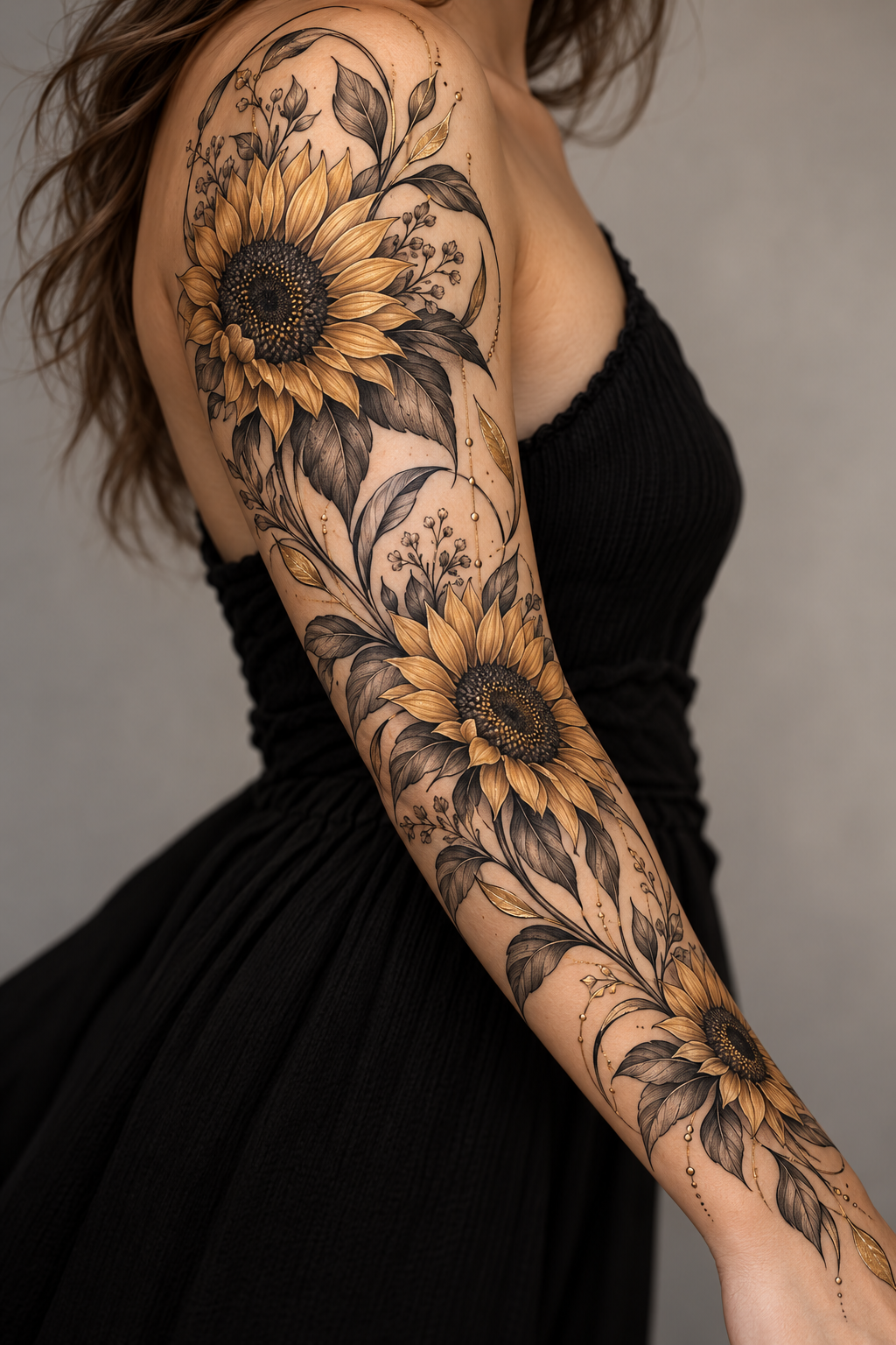 Sunflower Panel single-line tattoos for women idea