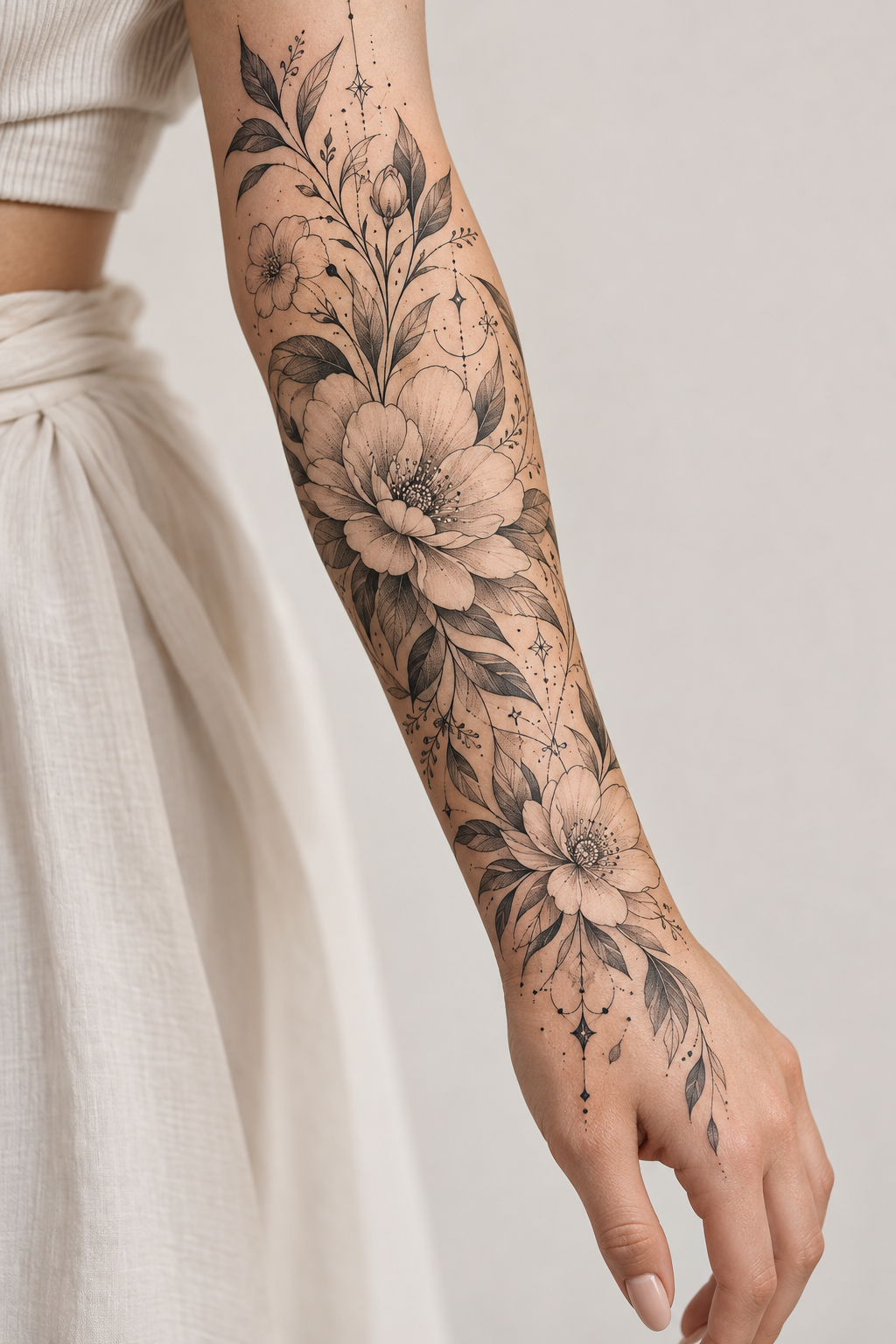 Ornamental Blooms single-line tattoos for women idea
